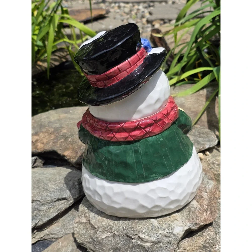 Fantasy Ltd Christmas Snowman Ceramic Cookie Jar Blue Bird Top‎ Hat Red Scarf